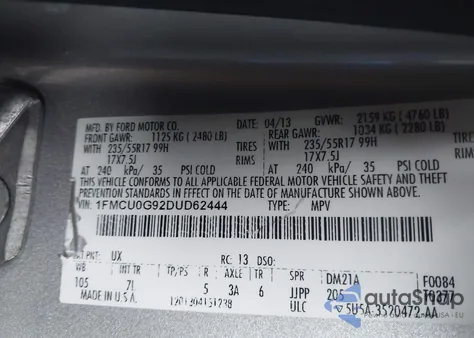 2013 Ford Escape Se from USA, damaged, VIN 1FMCU0G92DUD62444